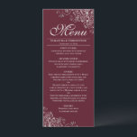 Elegante zilveren franjes op bordeaux maroon bruil menu<br><div class="desc">Dit prachtige menu zal wat stijl toevoegen aan uw huwelijksreceptie. Het heeft een prachtig ontwerp met zilvergrijze faux folie krullen en wervelingen op een bordeaux of kastanjebruine achtergrond. Er is ruimte voor de namen van het paar en de trouwdatum, en de tekst is volledig aanpasbaar. Elegant, stijlvol en glam, dit...</div>