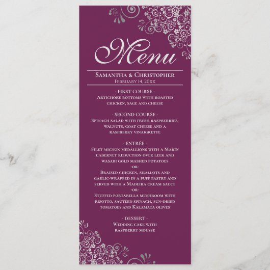 Elegante zilveren franjes op magenta of bessen bru menu (Voorkant)