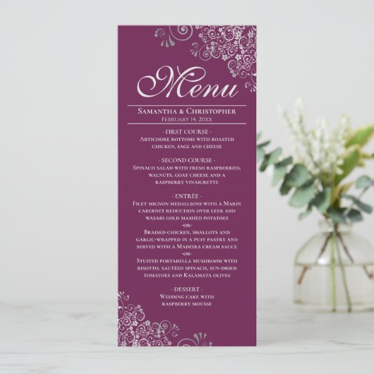 Elegante zilveren franjes op magenta of bessen bru menu (Staand voorkant)