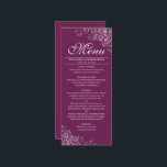 Elegante zilveren franjes op magenta of bessen bru menu<br><div class="desc">Dit prachtige menu zal wat stijl toevoegen aan uw huwelijksreceptie. Het heeft een prachtig ontwerp met zilvergrijze faux folie krullen en wervelingen op een magenta, bes, cassis paarse of rode pruimenkleurige achtergrond. Er is ruimte voor de namen van het paar en de trouwdatum, en de tekst is volledig aanpasbaar. Elegant,...</div>