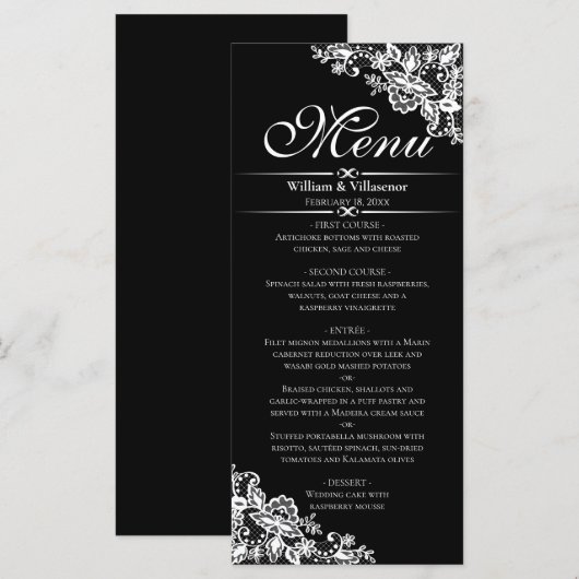 Elegante zilveren franjes op zwart menu (Voorkant / Achterkant)