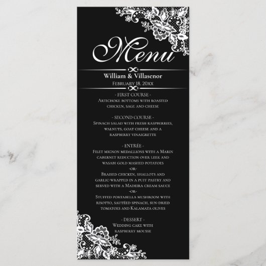 Elegante zilveren franjes op zwart menu (Voorkant)