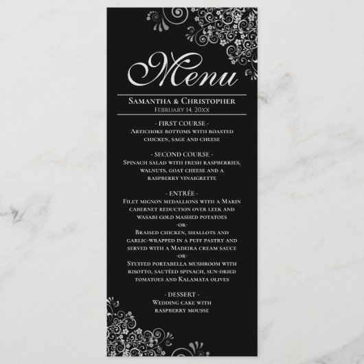 Elegante zilveren franjes op zwarte bruiloft menu (Voorkant)