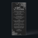 Elegante zilveren franjes op zwarte bruiloft menu<br><div class="desc">Dit prachtige menu zal wat stijl toevoegen aan uw huwelijksreceptie. Het heeft een prachtig design met zilvergrijze faux folie krullen en wervelingen op een klassieke zwarte achtergrond. Er is ruimte voor de namen van het paar en de trouwdatum, en de tekst is volledig aanpasbaar. Elegant, stijlvol en glam, dit menu...</div>