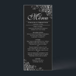 Elegante zilveren franjes op zwarte bruiloft menu<br><div class="desc">Dit prachtige menu zal wat stijl toevoegen aan uw huwelijksreceptie. Het heeft een prachtig design met zilvergrijze faux folie krullen en wervelingen op een klassieke zwarte achtergrond. Er is ruimte voor de namen van het paar en de trouwdatum, en de tekst is volledig aanpasbaar. Elegant, stijlvol en glam, dit menu...</div>