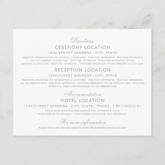 Elegante zilveren  Glamour bruiloft informatie Informatiekaartje (Voorkant)