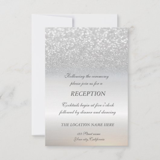 Elegante zilveren glitter bokeh bruiloftsreceptie kaart (Voorkant)