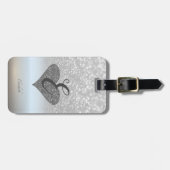Elegante Zilveren Glitter Bokeh, Hart, Monogram Bagagelabel (Voorkant horizontaal)