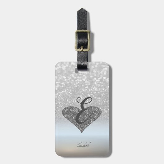Elegante Zilveren Glitter Bokeh, Hart, Monogram Bagagelabel (Voorkant verticaal)