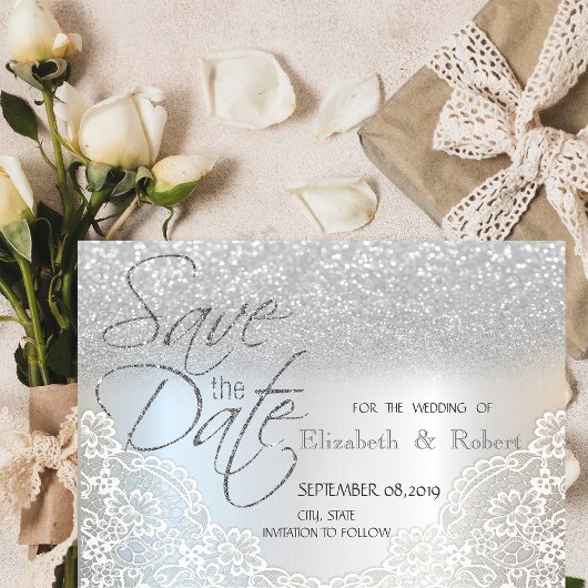Elegante Zilveren Glitter Bokeh, Kant Save The Dat Date