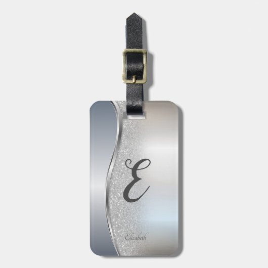 Elegante zilveren glitter bokeh, monogram bagagelabel (Voorkant verticaal)