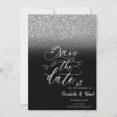 Elegante zilveren glitter bokeh zwart bewaar de da save the date (Voorkant)