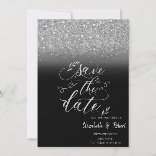 Elegante zilveren glitter bokeh zwart bewaar de da save the date (Voorkant)