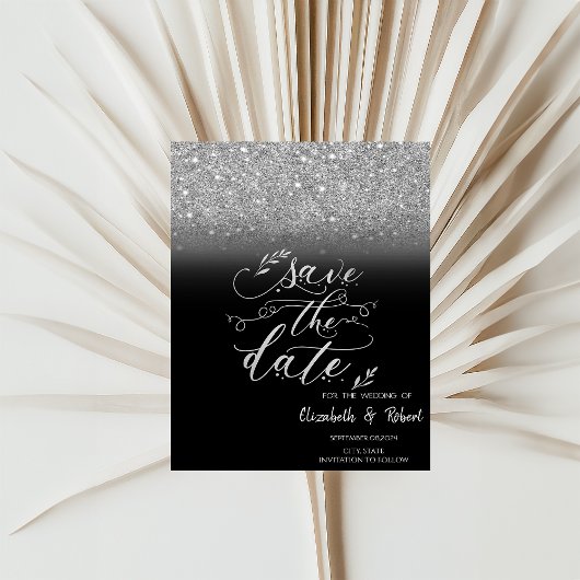 Elegante zilveren glitter bokeh zwart bewaar de da save the date