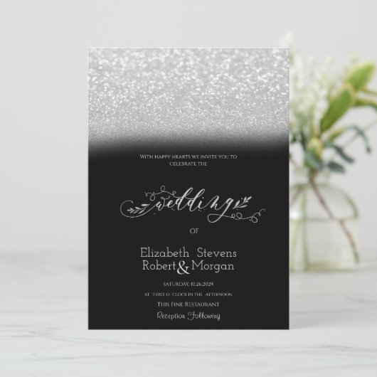 Elegante zilveren glitter bokeh zwart bruiloft kaart (Staand voorkant)