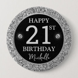 Elegante Zilveren Glitter Diamanten Verjaardag Ronde Button 4,0 Cm