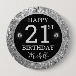 Elegante Zilveren Glitter Diamanten Verjaardag Ronde Button 4,0 Cm