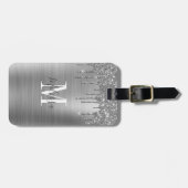 Elegante zilveren glitter druppel monogram bagagelabel (Voorkant horizontaal)