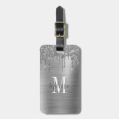 Elegante zilveren glitter druppel monogram bagagelabel (Voorkant verticaal)