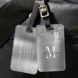 Elegante zilveren glitter druppel monogram bagagelabel
