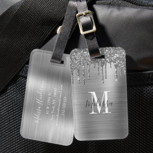 Elegante zilveren glitter druppel monogram bagagelabel