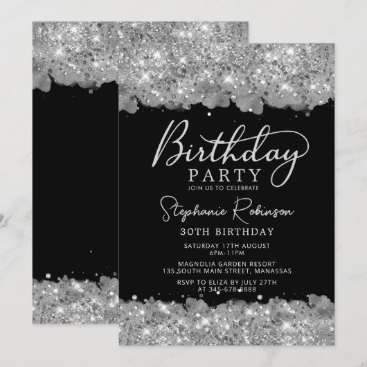 Elegante zilveren glitter en zwarte 30e verjaardag kaart (Voorkant / Achterkant)