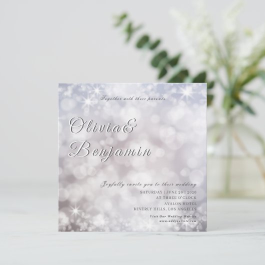 Elegante zilveren glitter foto glanzende bruiloft kaart (Staand voorkant)