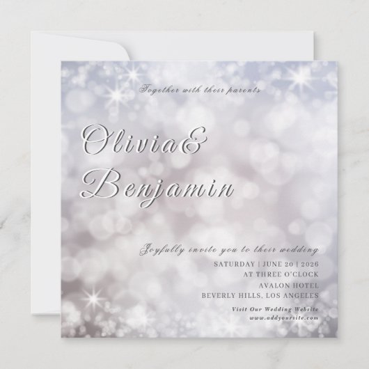 Elegante zilveren glitter foto glanzende bruiloft kaart (Voorkant)