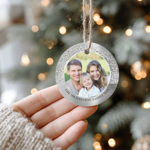 Elegante zilveren glitter foto Metallic Christmas Keramisch Ornament