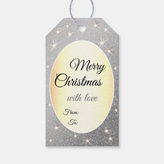Elegante zilveren glitter gouden effect kerst glam cadeaulabel (Voorkant)