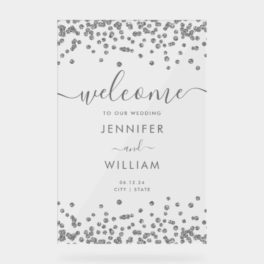 Elegante zilveren glitter huwelijksfeest welkom acryl bord (Voorkant)