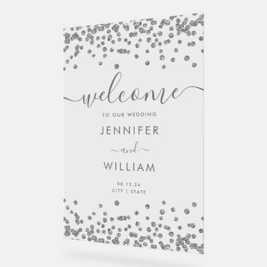 Elegante zilveren glitter huwelijksfeest welkom acryl bord (Hoek)