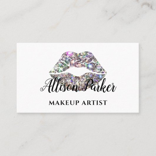 Elegante Zilveren Glitter Lippen Make-up Artiest Visitekaartje (Voorkant)