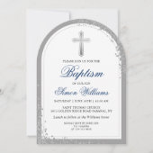 Elegante zilveren glitter marine blauwe doopboog kaart (Voorkant)