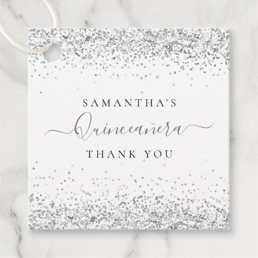 Elegante zilveren glitter naam quinceañera dank u bedankjes labels (Voorkant)