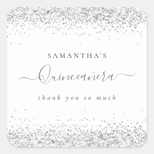 Elegante zilveren glitter naam quinceañera dank u vierkante sticker (Voorkant)