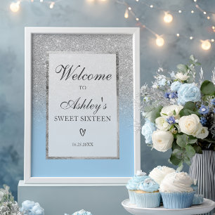 Elegante zilveren glitter ombre blauwe Sweet 16 We Poster