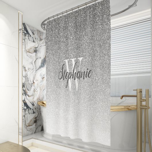 Elegante Zilveren Glitter Ombre Monogram Douchegordijn