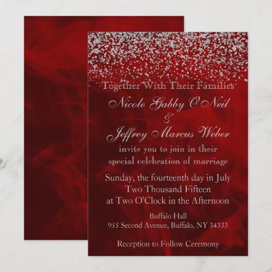 Elegante zilveren glitter op rode bruiloft uitnodi kaart (Voorkant / Achterkant)