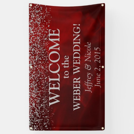 Elegante zilveren glitter op rode trouwbanner spandoek (Verticaal)