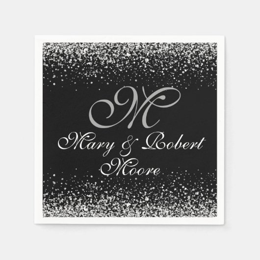 Elegante zilveren glitter op zwart servetten (Voorkant)