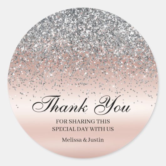Elegante zilveren glitter roze bruiloft ronde sticker (Voorkant)