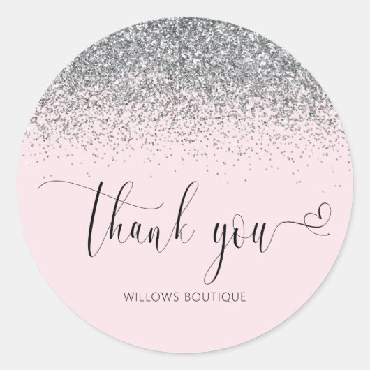 Elegante zilveren glitter roze dank u ronde sticker (Voorkant)