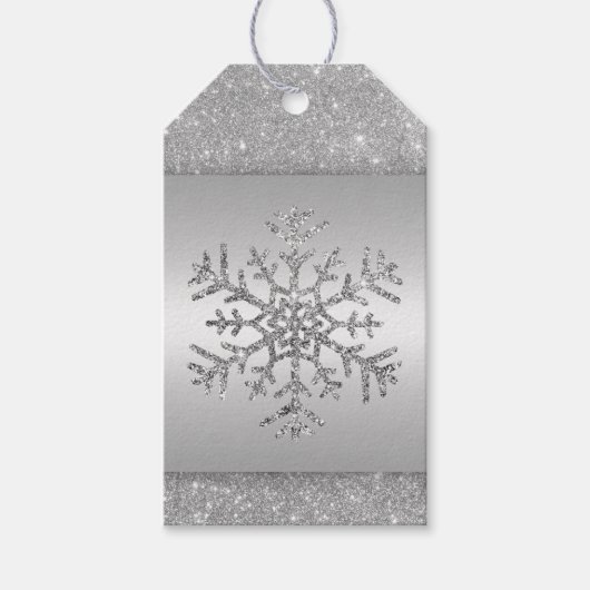 Elegante zilveren glitter sneeuwvlok cadeaulabel (Voorkant)