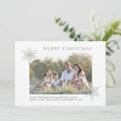 Elegante zilveren glitter sneeuwvlokken kerst foto feestdagenkaart (Staand voorkant)