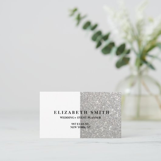 Elegante Zilveren Glitter Textuur Visitekaartje  (Staand voorkant)