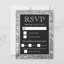 Elegante Zilveren Glitter Zwarte Bruiloft RSVP Kaartje