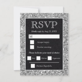 Elegante Zilveren Glitter Zwarte Bruiloft RSVP Kaartje