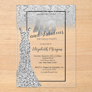 Elegante zilveren glitterjurk 40e verjaardagsfeest acryl uitnodigingen