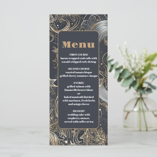 Elegante zilveren gouden hemelse bruiloft menu (Staand voorkant)